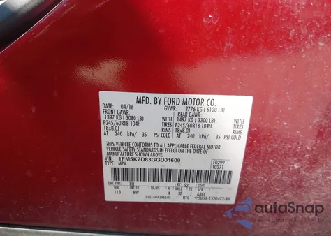 2016 Ford Explorer Xlt из США, поврежденный, VIN 1FM5K7D83GGD01609